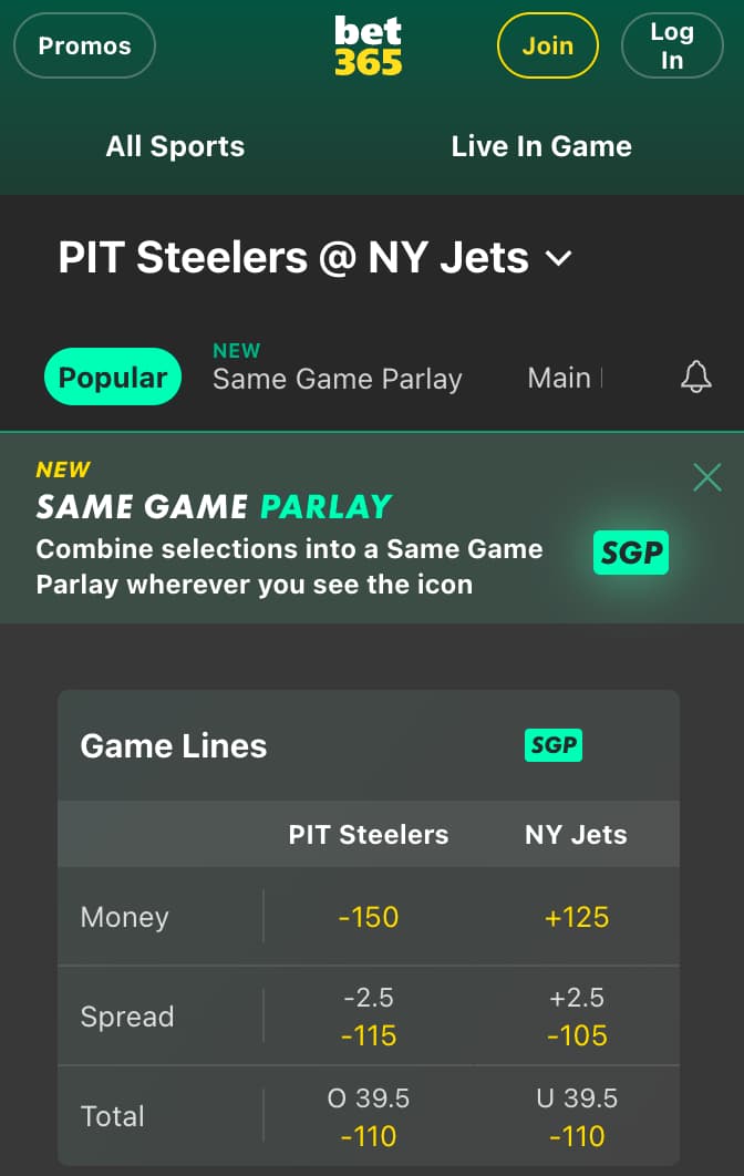 Steelers vs Jets Week 1 odds at bet365 2025-2026 NFL season